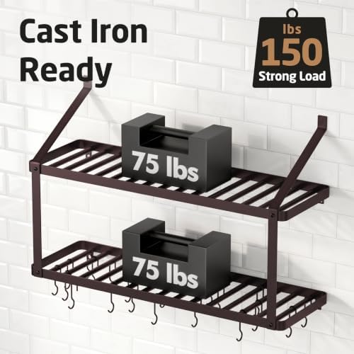 KES 150 lb High-Capacity Oil Rubbed Bronze Pot Rack Wall Mounted with Pot Lid Holder, 34 Inch Heavy-Duty Pots and Pans Hanging Rack with 20 Hooks, Drilling Template Provided for Easy Install - Image 4
