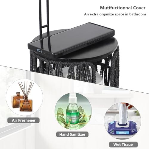 Black Freestanding Toilet Paper Holder with Storage,3 Rolls of Tissue Holder for Bathroom,Handmade Woven Toilet Paper Roll Holder Stand,Rattan Sturdy Boho Bathroom - Image 3