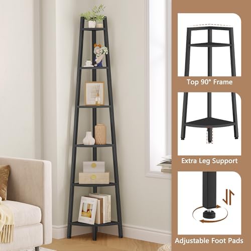 Hoctieon Corner Shelf, 6-Tier Corner Bookshelf, Rustic Ladder Shelf, Industrial Display Stand for Living Room, Kitchen, Home Office, Balcony, Small Space, Metal Frame, Black - Image 5