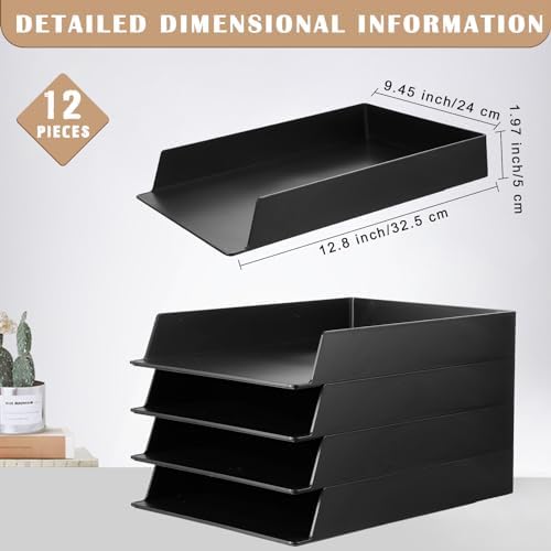 Wenqik 12 Pcs Stackable Paper Trays Rectangular Plastic Desk Holder Desktop Document File Organizer Storage Letter for Office Classroom (Black) - Image 2