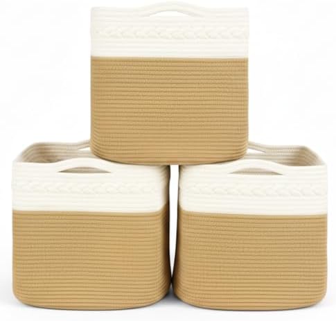 danpinera 3-Pack Cube Storage Bins, 13"x13" Cotton Rope Woven Baskets for Organizing, Square Storage Baskets for Shelves, Books, Towels, Clothes, Toys, White & Khaki by danpinera