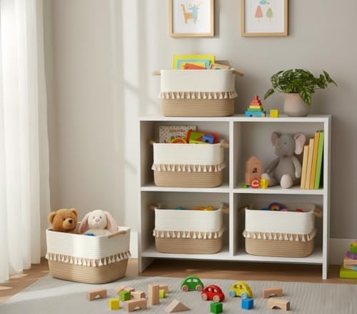 TeoKJ Woven Storage Bin Set of 3, Cotton Rope Basket for Storage, Clothes Boho Basket Bin for Organizing, Fabric Basket for Books, Plants, Pet Treats, White & Jute - Image 2