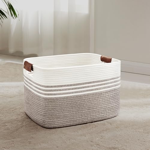 45L Woven Laundry Basket Hamper with Leather Handles,Dark Brown by SunNewt