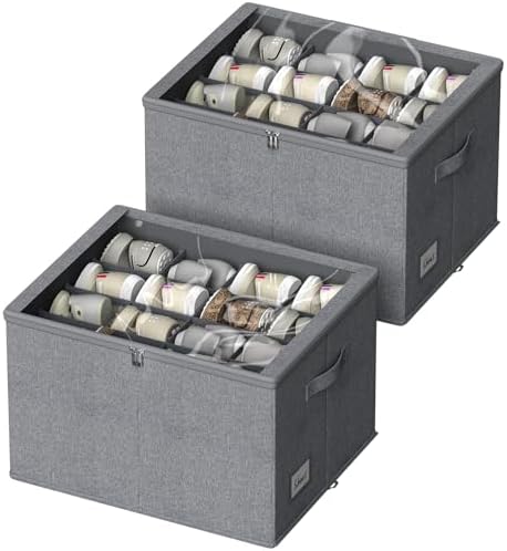 Shoe Organizer for Closet, 2 Pack Foldable Shoe Storage Box with Clear Cover and Adjustable Dividers, Stackable Storage Bins for Boots, Fits up to 32 Pairs (Grey, 19.7 × 15.7 × 12.6 in) by DYWMM