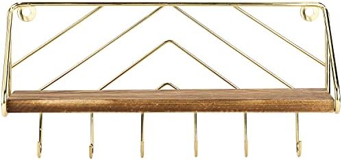 MyGift Burnt Wood and Brass Metal Wall Shelf & Key Holder Rack with 6 Hooks - Image 5