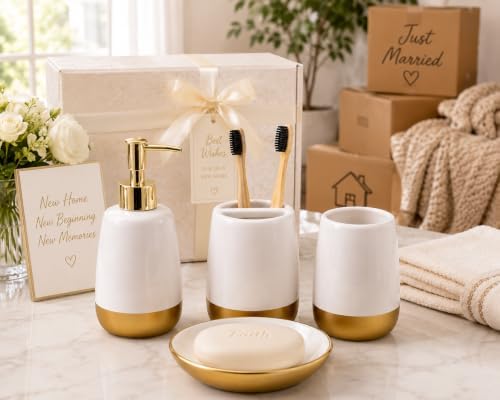 4-Piece Ceramic Bathroom Accessories Set, White and Gold Bathroom Set with Soap Dispenser, Toothbrush Holder, Tumbler and Soap Dish, Modern Vanity Countertop Decor - Image 6