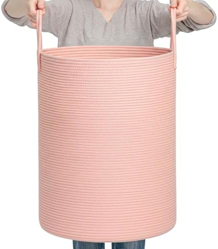 CLHMILY&Z Laundry Hamper Round Storage Rope Basket in Living Room, Bedroom, Laundry Room for Toy, Clothes, Blanket, Pillow (Pink, 80L) by ClhmilyZ