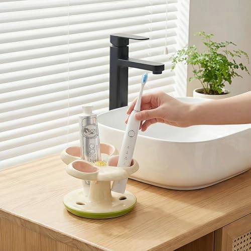 Floral Ceramic Toothbrush Holder, 3-Slot Toothbrush and Toothpaste Holder Cute Toothbrush Holder Set, Cute Countertop Holder for Electric Toothbrush, Toothpaste, Floss, and Razor (Pink) - Image 5