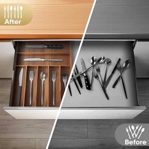 Silverware Organizer, 12.5 Inch Utensil Organizer Kitchen Drawer Organizer Acacia Silverware Holder Cutlery Tray Organizer in Drawer Flatware Organizer Tray(7 slots, Acacia） - Image 4
