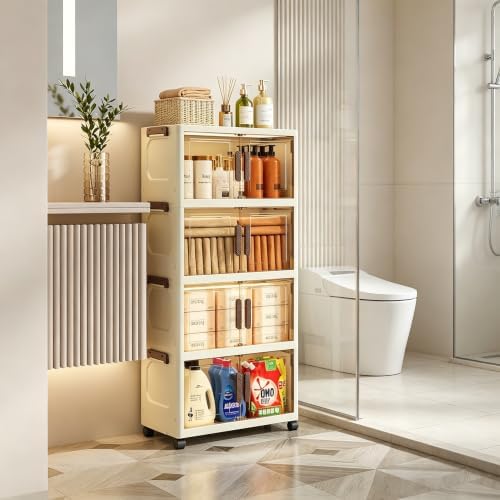 4 Tier Storage Bins with One Lids 23QT Plastic Storage Boxes with Wheels Collapsible Storage Containers Organizers for Living Room Office Dorm, White - Image 5