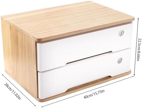 Lockable Desk Organizer Wooden Desktop Drawers Office Flat Files Storage Box Locking Countertop Storage Cabinet (Wood Color + White, 2-Tier) - Image 3