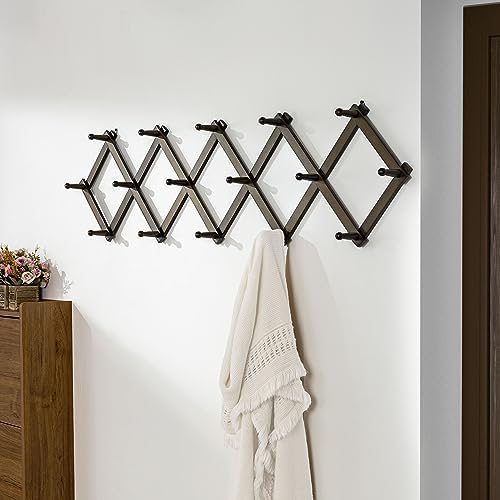 Dseap Accordion Wall Hanger:16'' High Wooden Wall Expandable Coat Rack,Hat Rack Holder,Accordion Hook for Baseball Caps,Coats,16 Peg Hooks,Dark Walnut - Image 3