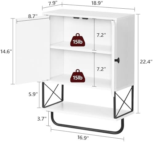 MAHANCRIS Bathroom Wall Cabinet with 2 Door and Adjustable Shelf, Farmhouse Medicine Cabinet with Towel Rack, 3-Tier Wall Mounted Storage Cabinet Over The Toilet for Bathroom, 18.9" L, White - Image 3