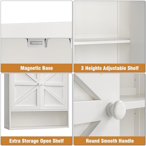 Bathroom Wall Cabinet, White 25.9" x 23.6" Over The Toilet Storage Cabinet, Bamboo Wall Mounted Bathroom Cabinet with Adjustable Shelves for Kitchen & Laundry Room (White) - Image 3