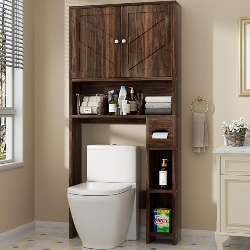 Shintenchi Over the Toilet Storage Cabinet, Bathroom Storage Cabient with Barn Doors, Bathroom Storage Shelf Organizer with Toilet Paper Holder, Adjustable Shelf and Anti-Tip Device, Walnut - Image 4