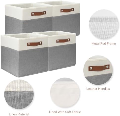SNWDN 4 Pack Collapsible Fabric Storage Baskets with Handles (White/Grey 11x11x11 Inches) - Image 3