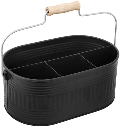 Alpha Living Home Large Silverware Drawer Organizer, Utensil Holder, Silverware Organizer, Caddy, Cutlery Holder, Wooden Handle 4-Section Galvanized Flatware Organizer for Kitchen, BBQ Black by ALPHALivingHOME