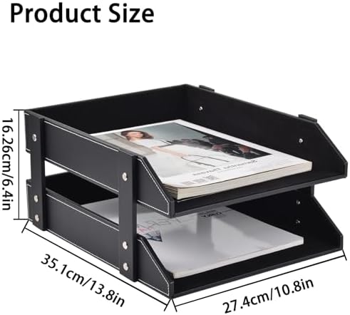Leather Desk Organizer,2-Tier Stackable Letter Tray Holder,Office Supplies Desktop Storage Box for Document,Stationery,Magazines,Newspapers,Letters and Other Home Office Paper Sundries,Black - Image 3