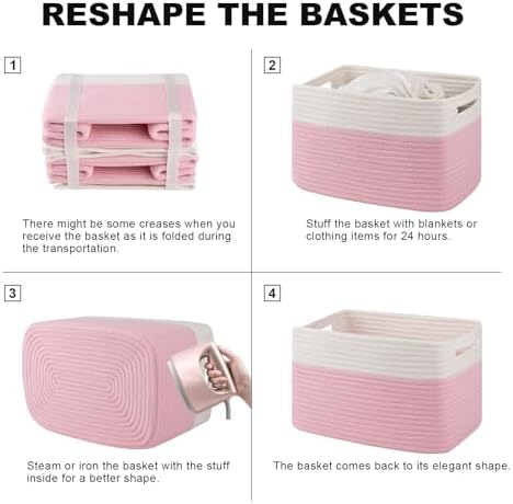 4 Pack Storage Baskets for Organizing, Woven Baskets for Shelves - Perfect for Toys, Books, Towels, and Clothes, Durable Gift Basket Bins Toy Storage, 12.7''Lx9''Wx7.8''H, Pink & White - Image 6