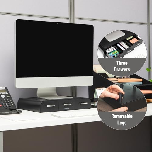 Mind Reader Monitor Stand, 3 Storage Drawers, Desktop Organizer, Riser, Office, 13.5"L x 13"W x 4"H, Set of 2, Black - Image 4