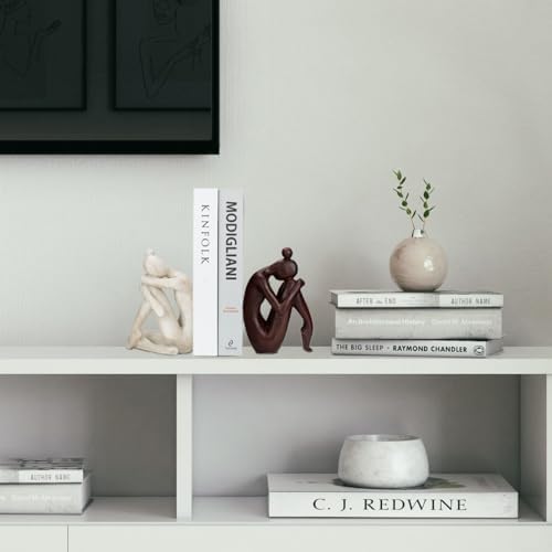 BANOMII Decorative Bookends for Shelves, Unique Book Ends for Home Office Decor, Meditation Girl Statue Book Stopper for Bookshelf Decor, Modern Abstract Aesthetic Decoration White & Brown - Image 7
