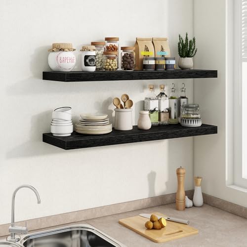 Fun Memories 40" W x 9.3" D Black Floating Shelves for Wall, Deep Long Floating Shelf for Home Bathroom, Bedroom, Living Room, Rustic Wood Wall Mounted Shelves for Books Decor - Image 2