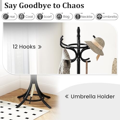 Tangkula Coat Rack with Umbrella Holder, 73 Inch Freestanding Coat Hanger Stand with 12 Hooks, Wooden Entryway Coat Tree for Clothes, Bags, Hats, Scarves, Living Room, Bedroom, Hallway (Black) - Image 7