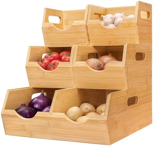 HOMESTEAD 3-Tier Bamboo Pantry Storage Bins – Stackable Potato & Onion Storage Bin with Handles, Fruit Basket & Produce Organizer for Kitchen Countertop, Pantry Organization, Set of 5 by Homestead