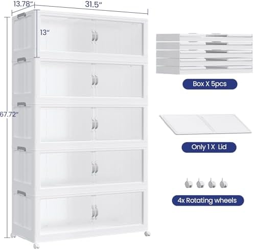 800QT Extra Large Stackable Storage Bins with Lid, 200Gal Plastic Closet Organizers and Storage Drawer, Collapsible Cabinet Box with Wheels Clear Doors for Home Kitchen Office, 5Pack White - Image 2