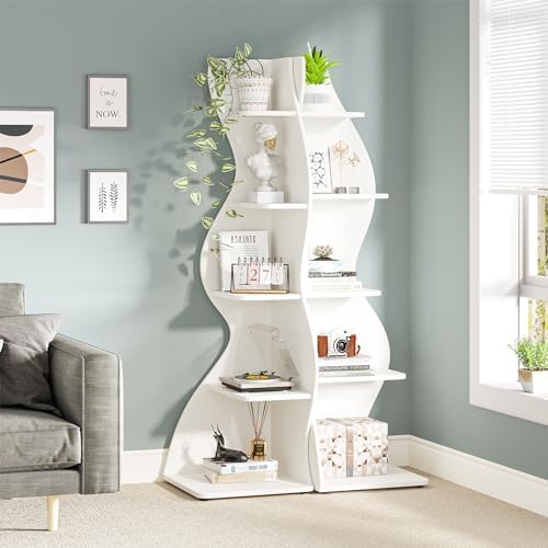 Tribesigns Corner Shelf, Modern 5-Tier Wall Corner Bookshelf Set of Two, Stylish Corner Small Bookcase Storage Rack Plant Stand for Living Room, Home Office, Kitchen, Small Space White, 2PCS - Image 2