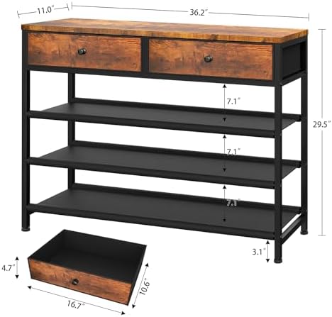 usikey Shoe Rack, 4 Tier Shoe Storage Organizer with 2 Drawers, Metal Shoe Shelf for 12-15 Pairs of Shoes, with 3 Oxford Fabric Shelves and Wooden Top, Shoe Stand for Entryway, Closet, Rustic Brown - Image 3