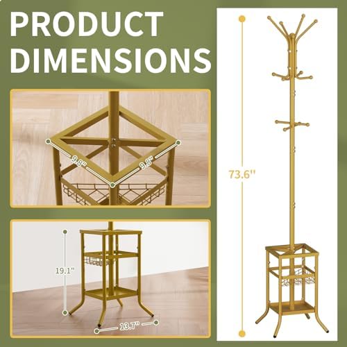 Yoobure Coat Rack Freestanding - Coat Tree with Umbrella Holder, Metal Coat Rack Stand with 12 Hooks, Modern Coat Hanger Stand for Entryway, Purse Rack Hat Rack Stand for Living Room Bedroom Office - Image 6