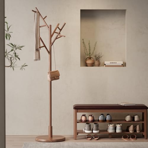 Muwuele Coat Rack, Solid Wood Coat Rack Freestanding With 12 Hooks, Coat Tree Freestanding Heavy Duty 3 Adjustable Heights For Coat, Hats, Handbags, Coat Hanger Stand For Entryway, Bedroom, Walnut - Image 2
