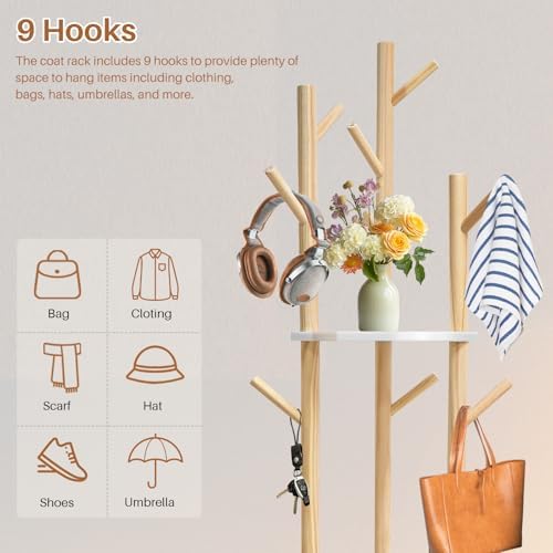 LIWSHWZ Solid Wood Rotary Coat Rack,Coat Rack Freestanding,360° Rotating with 9 Hooks & 3 Shelves for Entryway, Livingroom, Bedroom, Coat Hanger Stand for Coats, Scarves, Handbags, Hat - Image 5