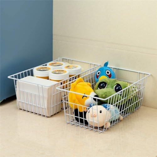 Slideep Freezer Baskets Farmhouse Organizer Storage Basket with Handles, Food Storage Bin for Kitchen Cabinets, Pantry, Closet, Bedroom, Bathroom, Office, 2 Pack, White - Image 7