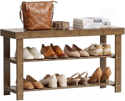 SMIBUY Bamboo Shoe Rack Bench, 3-Tier Shoe Organizer Storage Shelf for Entryway Hallway Bathroom Living Room (Walnut) by SMIBUY