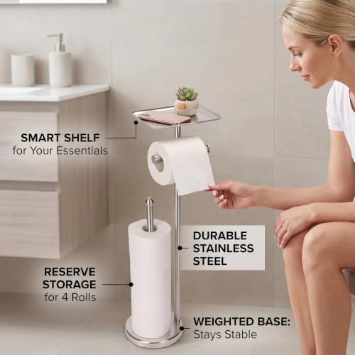Toilet Paper Holder with Shelf, Freestanding Toilet Paper Stand with Storage Space for Holding Extra 4 Toilet Paper Rolls On the Base, Stainless Steel in Brushed Nickel Finish - Image 3