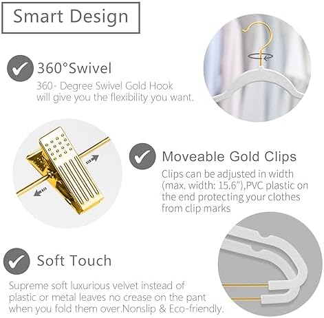 MIZGI Premium Velvet Pants Hangers with Adjustable Clips (Pack of 20) Slim Skirt Hangers- Non Slip Felt Outfit Dress Hangers White - Gold Hooks,Space Saving Shirt Clothes Hangers - Image 2