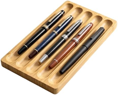 Natural Bamboo 5-Slot Fountain Pen Storage Tray, Anti-Roll Wooden Pen Organizer, Minimalist Zen Desk Pen Holder for Pen Collectors, Office & Study Desktop Stationery Display Tray by LITAITAI