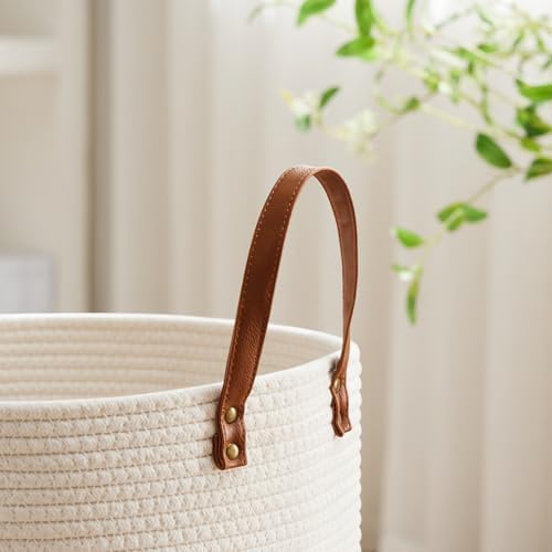 VIPOSCO 53L Tall Woven Rope Laundry Hamper, Leather Handles, White & Brown - Image 3