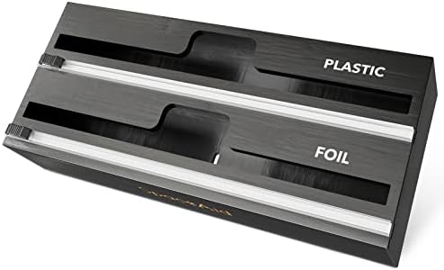 SpaceAid WrapNeat 2 in 1 Wrap Organizer with Cutter and Labels, Plastic Wrap, Aluminum Foil and Wax Bamboo Dispenser for Kitchen Storage Organization Holder for 12" Roll (Black) by SpaceAid
