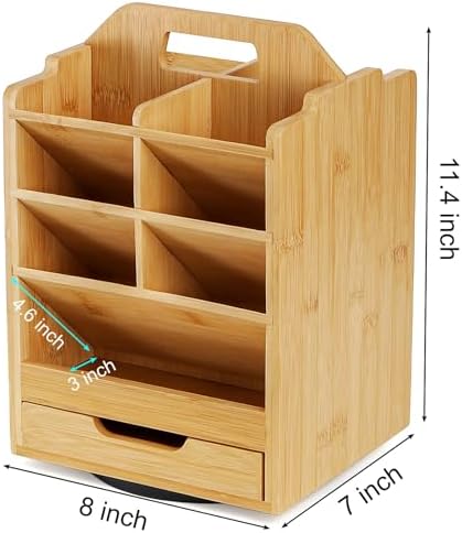 SOUJOY Bamboo Pen Holder Organizer, 360°Rotating Art Supply Storage Caddy, Hold 400+ Pencils, 15 compartments Office Desk Stand Box with Handle for Marker Pens, Colored Pencil, Art Brushes - Image 2