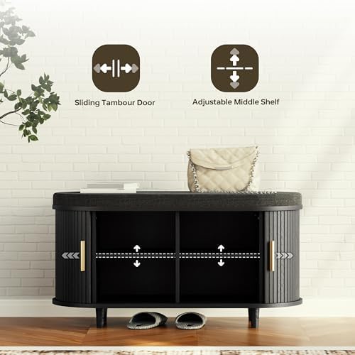 DHH 2-Tier Storage Bench,Wide Shoe Bench with Thickened Padded Seat Cushion, Mid Century Modern Fluted Sliding Door and Adjustable Shelf, for Entryway, Living Room, Bedroom (Black, 35.4“) - Image 6