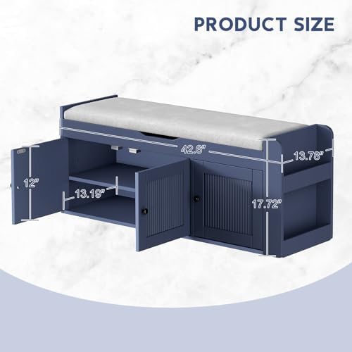 42.6" Storage Bench - Shoe Storage Bench with Side Storage Shelves and 3 Doors, Multifunctional Entryway Bench with Lift Top Cushion, Shoe Bench for Bedroom, Living Room, Entryway, Navy Blue - Image 2