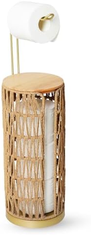 Trongee Freestanding Toilet Paper Holder with Storage,Goldn Handmade Woven Toilet Paper Roll Holder Stand,3 Rolls of Tissue Holder for Bathroom,Rattan Sturdy Boho Bathroom Toilet Paper Storage by Trongee