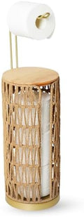 Trongee Freestanding Toilet Paper Holder with Storage,Goldn Handmade Woven Toilet Paper Roll Holder Stand,3 Rolls of Tissue Holder for Bathroom,Rattan Sturdy Boho Bathroom Toilet Paper Storage by Trongee