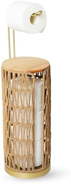Trongee Freestanding Toilet Paper Holder with Storage,Goldn Handmade Woven Toilet Paper Roll Holder Stand,3 Rolls of Tissue Holder for Bathroom,Rattan Sturdy Boho Bathroom Toilet Paper Storage by Trongee