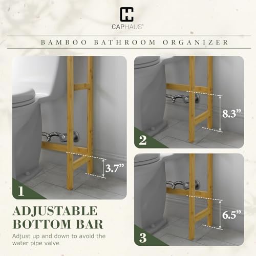 CAPHAUS Over The Toilet Storage Shelf,3-Tier Over-The-Toilet Shelf Rack with Adjustable Feet & Hooks, Freestanding Bamboo Toilet Shelf, Bathroom & Laundry Organizer, Balcony Plant Stand, Black - Image 4