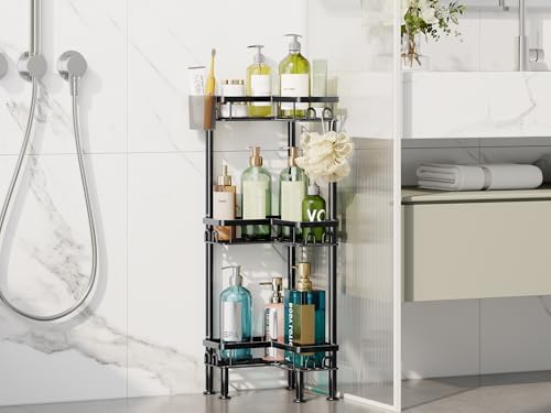 HapiRm Standing Shower Caddy Corner - 3 Tier Corner Shower Organizer with Toothbrush Holder and 12 Hooks, Large Capacity Rustproof Bathroom Shelves for Tall Bottles, Black - Image 6