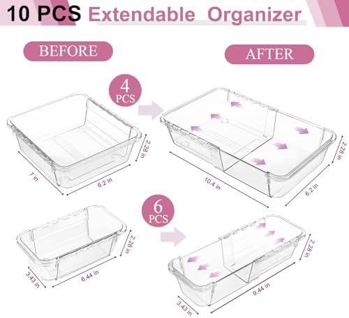 10 Pcs Extendable Clear Drawer Organizer, All Adjustable Vanity Storage Box, 2-Size Desk Drawer Organizer, Durable Storage Bins for Makeup, Cosmetic, Bedroom Dressers Tool Organizer for Gadgets - Image 2